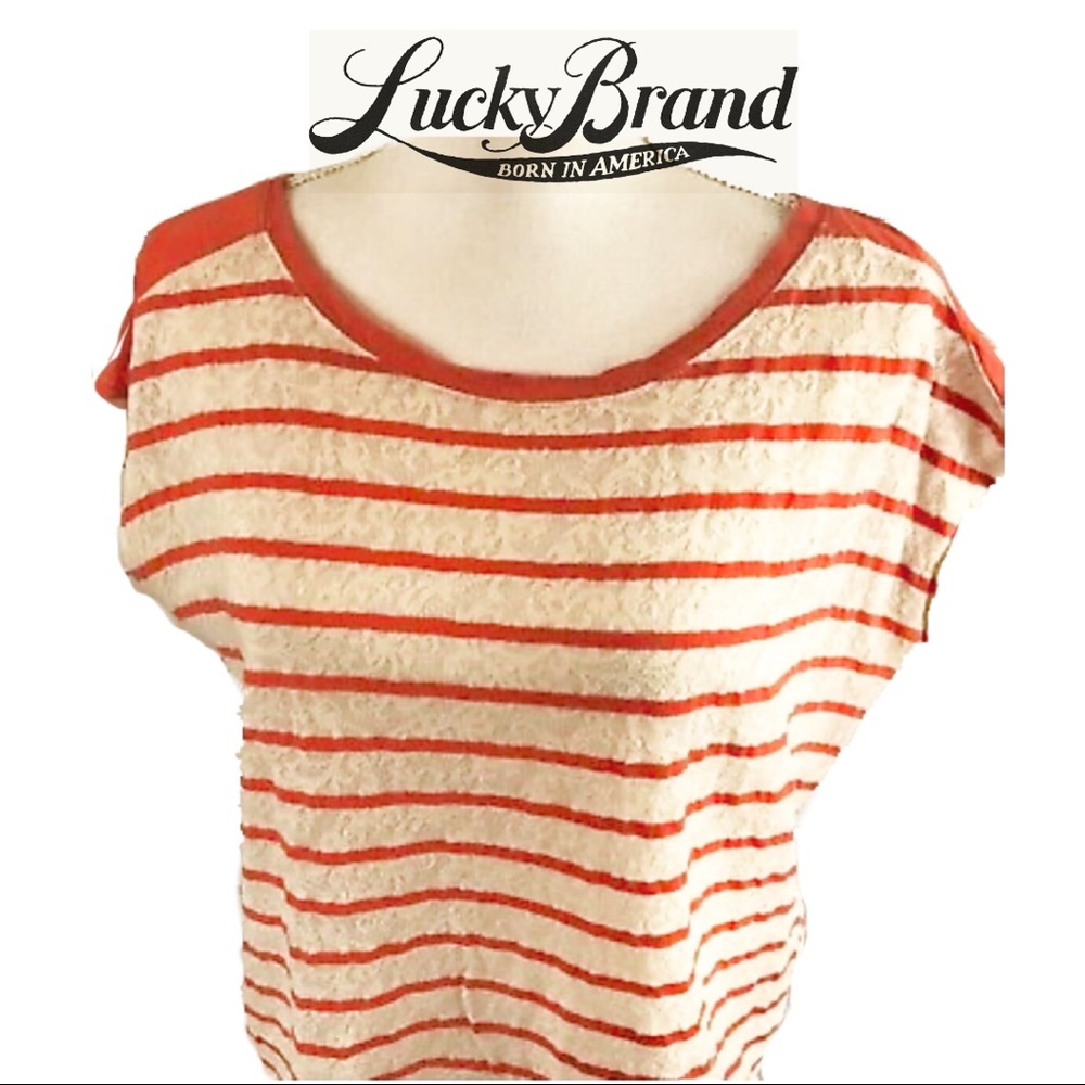 Lucky Brand SZ LG Women's Lace Cap Sleeve Stripe Seanna Dolman Top EUC